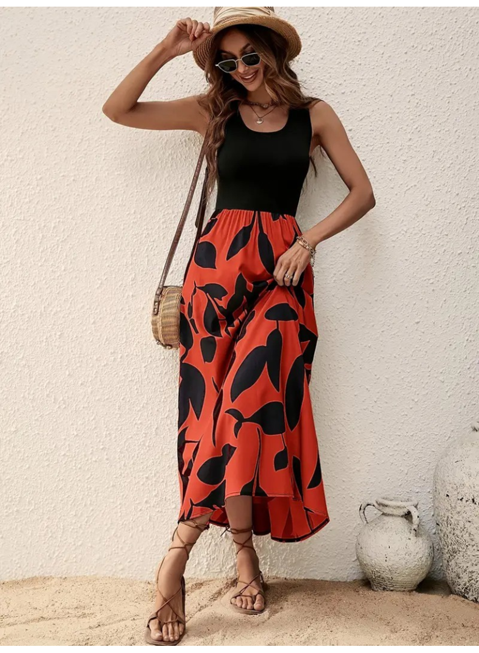 Kadın Askılı Yuvarlak Yaka üst Viskon Alt Desenli Uzun Süprem Elbise