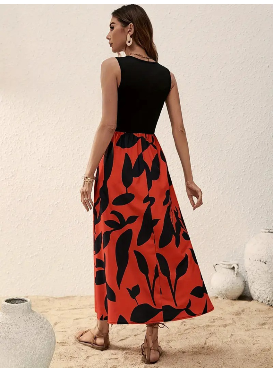Kadın Askılı Yuvarlak Yaka üst Viskon Alt Desenli Uzun Süprem Elbise