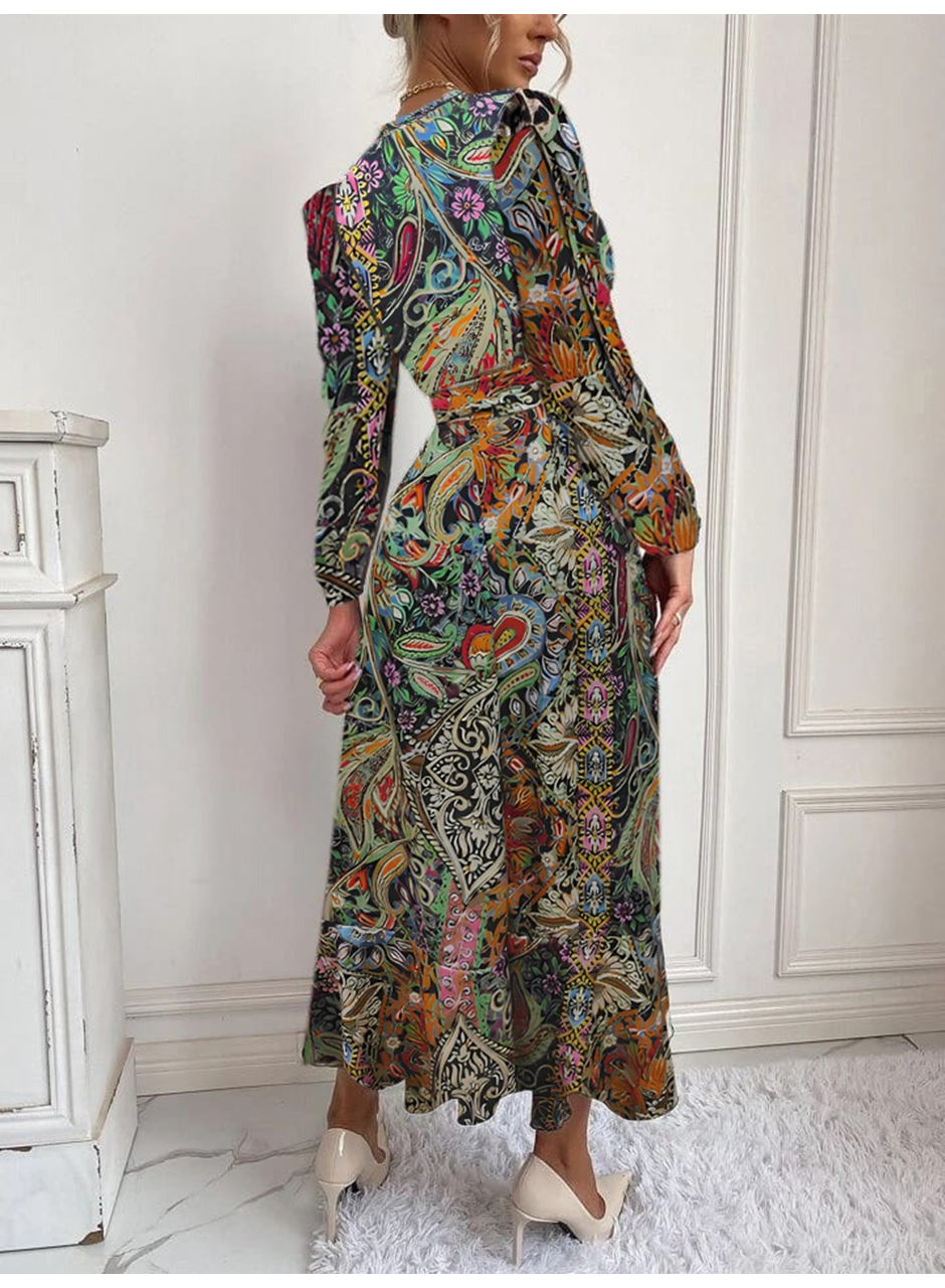 Kadın Uzun Kollu Kruvaze Yakalı Belden Kuşaklı Leopar