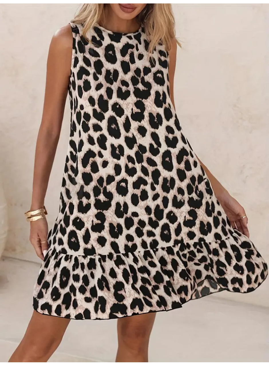 Kadın Kolsuz Sırttan Bağlamalı Fırfırlı Leopar Desenli Süprem Elbise