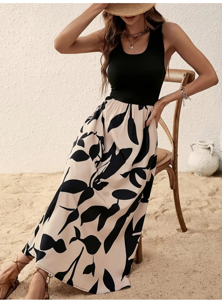 Kadın Askılı Yuvarlak Yaka üst Viskon Alt Desenli Uzun Süprem Elbise