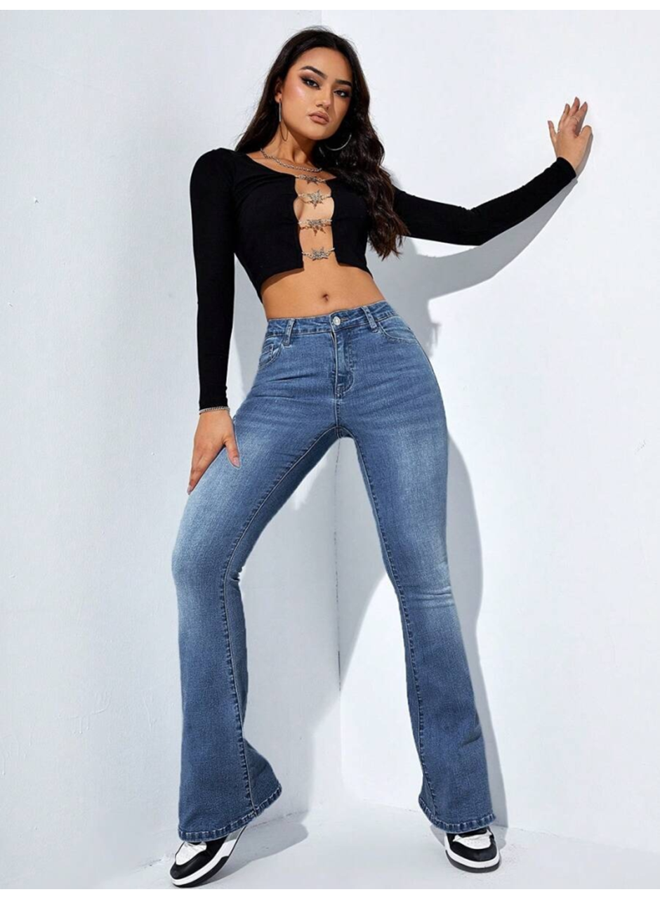 Kadın Yüksek Bel Cepli İspanyol Paçalı Kot Jeans Pantolon