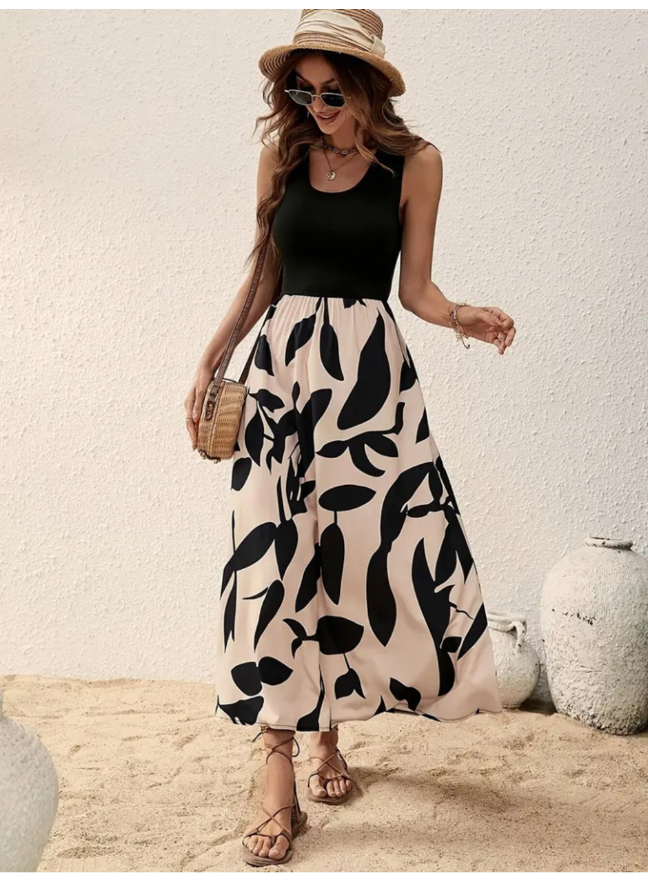 Kadın Askılı Yuvarlak Yaka üst Viskon Alt Desenli Uzun Süprem Elbise
