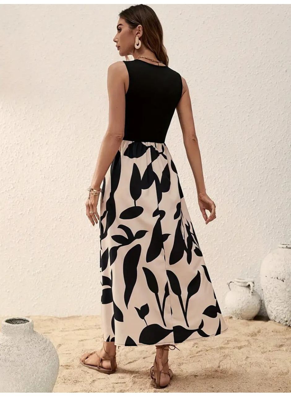 Kadın Askılı Yuvarlak Yaka üst Viskon Alt Desenli Uzun Süprem Elbise