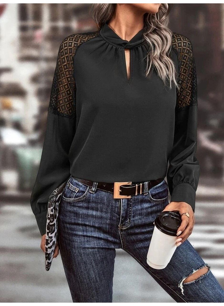 Kadın Uzun Kollu Anahtar Deliği Yaka Reglan Kol Dantel Detaylı Ithal Krep Bluz