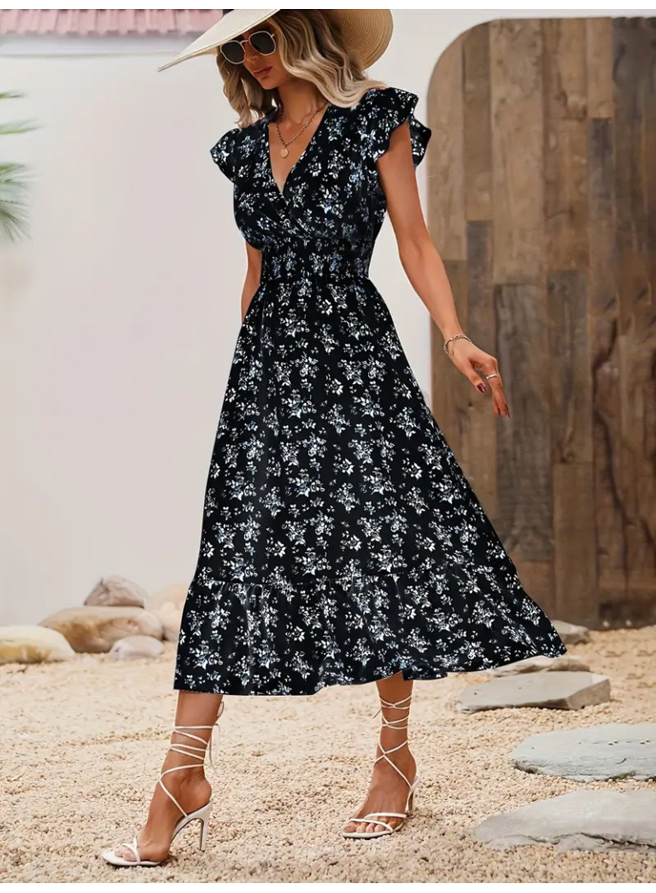 Kadın Kısa Kollu Kruvaze Yakalı Beli Lastikli çiçek Desenli Elbise