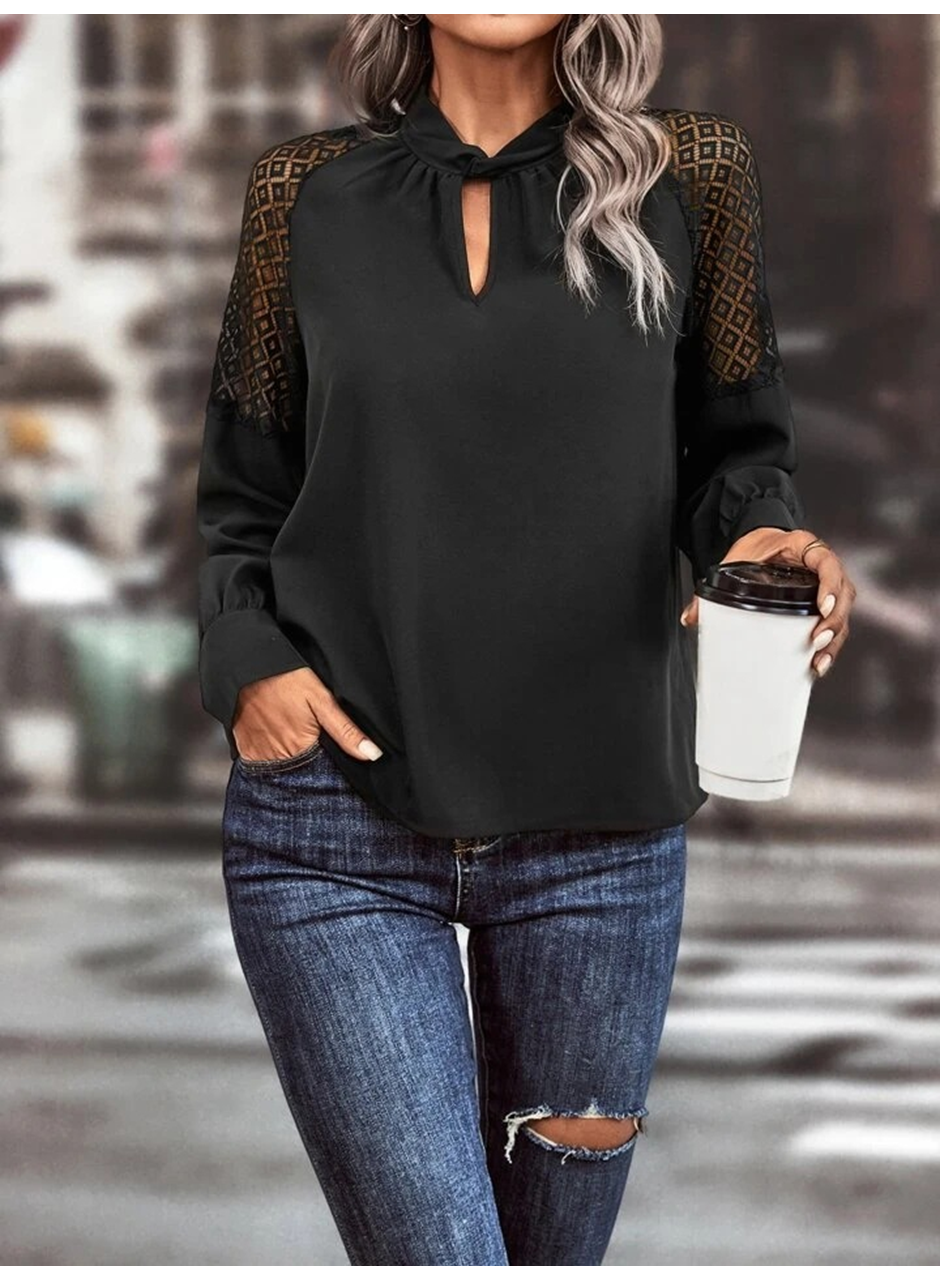 Kadın Uzun Kollu Anahtar Deliği Yaka Reglan Kol Dantel Detaylı Ithal Krep Bluz