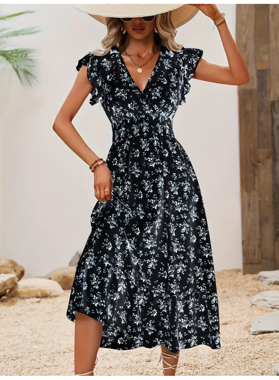 Kadın Kısa Kollu Kruvaze Yakalı Beli Lastikli çiçek Desenli Elbise