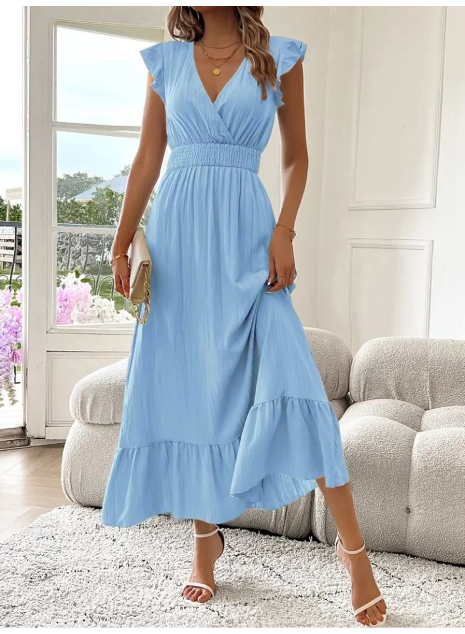 Kadın Kısa Kollu Kruvaze Yakalı Beli Lastikli Müslim Elbise