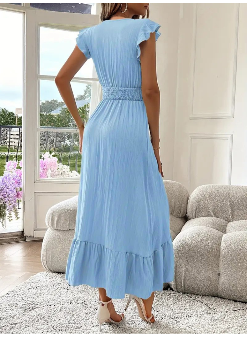 Kadın Kısa Kollu Kruvaze Yakalı Beli Lastikli Müslim Elbise