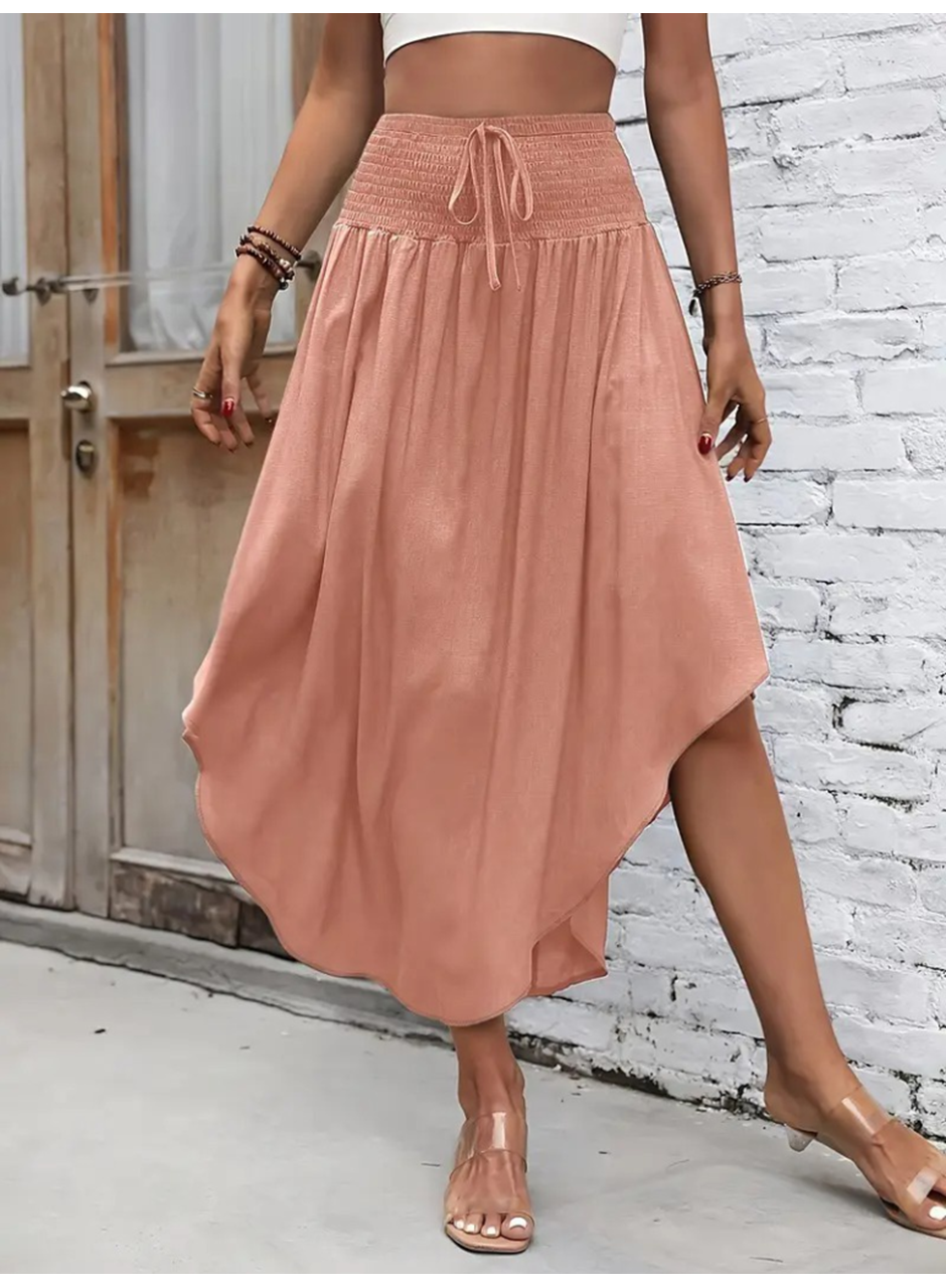 Kadın Yüksek Bel Belden Bağlamalı Asimetrik Kesim Detaylı Sandy Etek