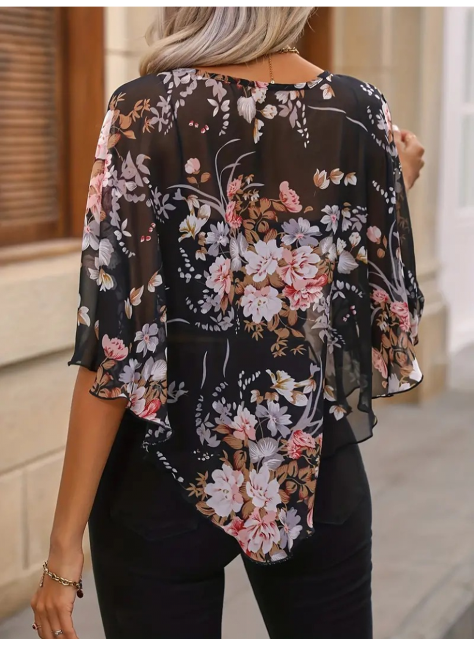 Kadın Kısa Kollu Yuvarlak Yaka çiçek Baskılı Asimetrik Kesim şifon Bluz