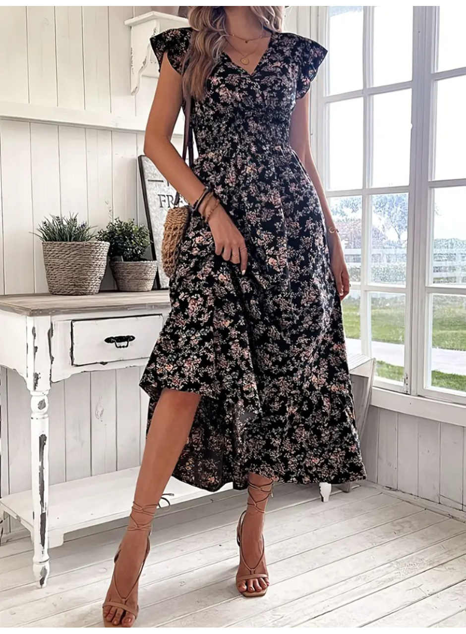 Kadın Kısa Kollu Kruvaze Yaka Beli Lastikli çiçek Desenli Elbise