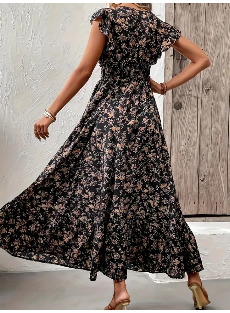 Kadın Kısa Kollu Kruvaze Yaka Beli Lastikli çiçek Desenli Elbise