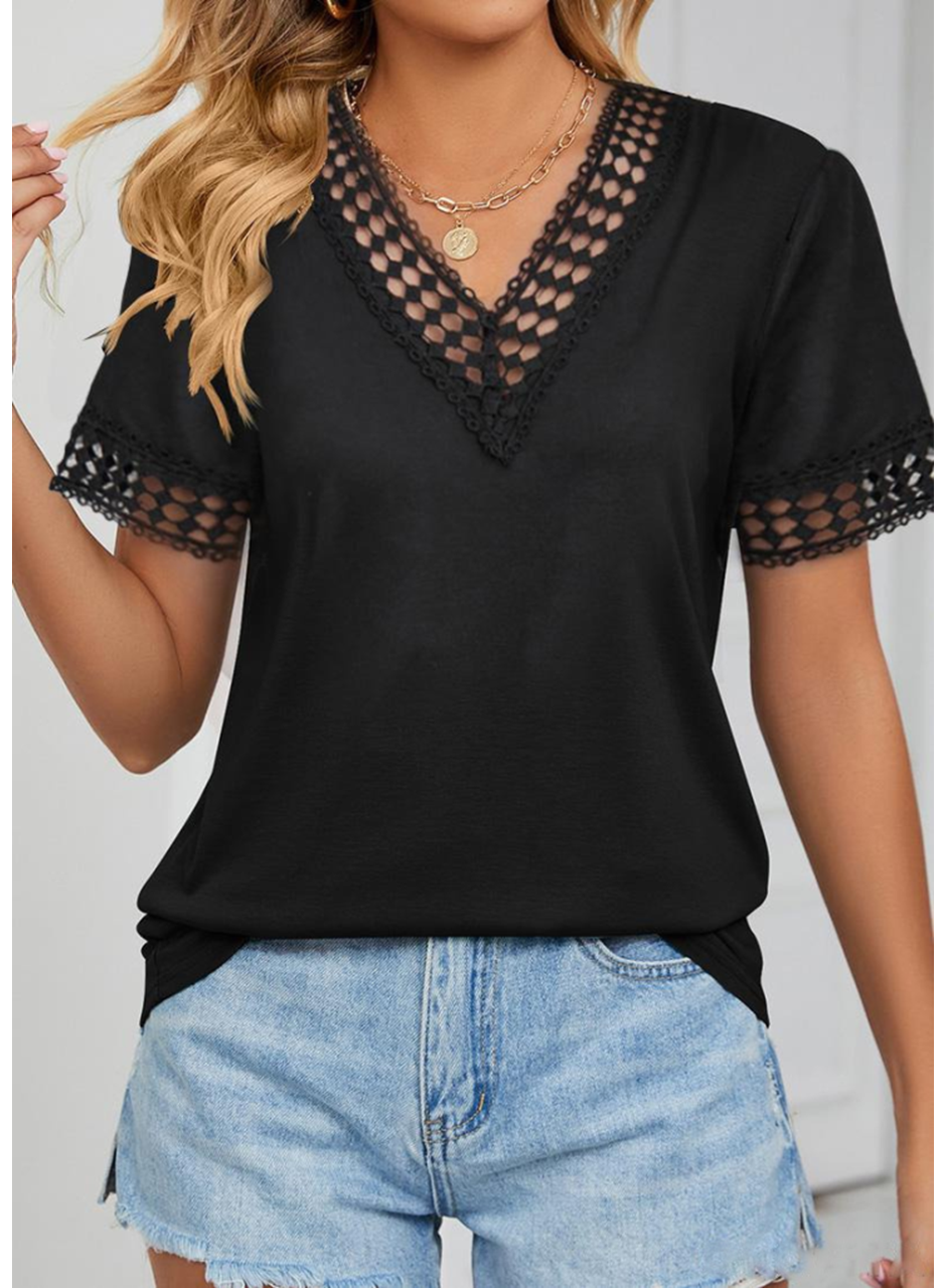 Kadın Kısa Kollu V Yaka Dantel Yakalı Viskon Bluz