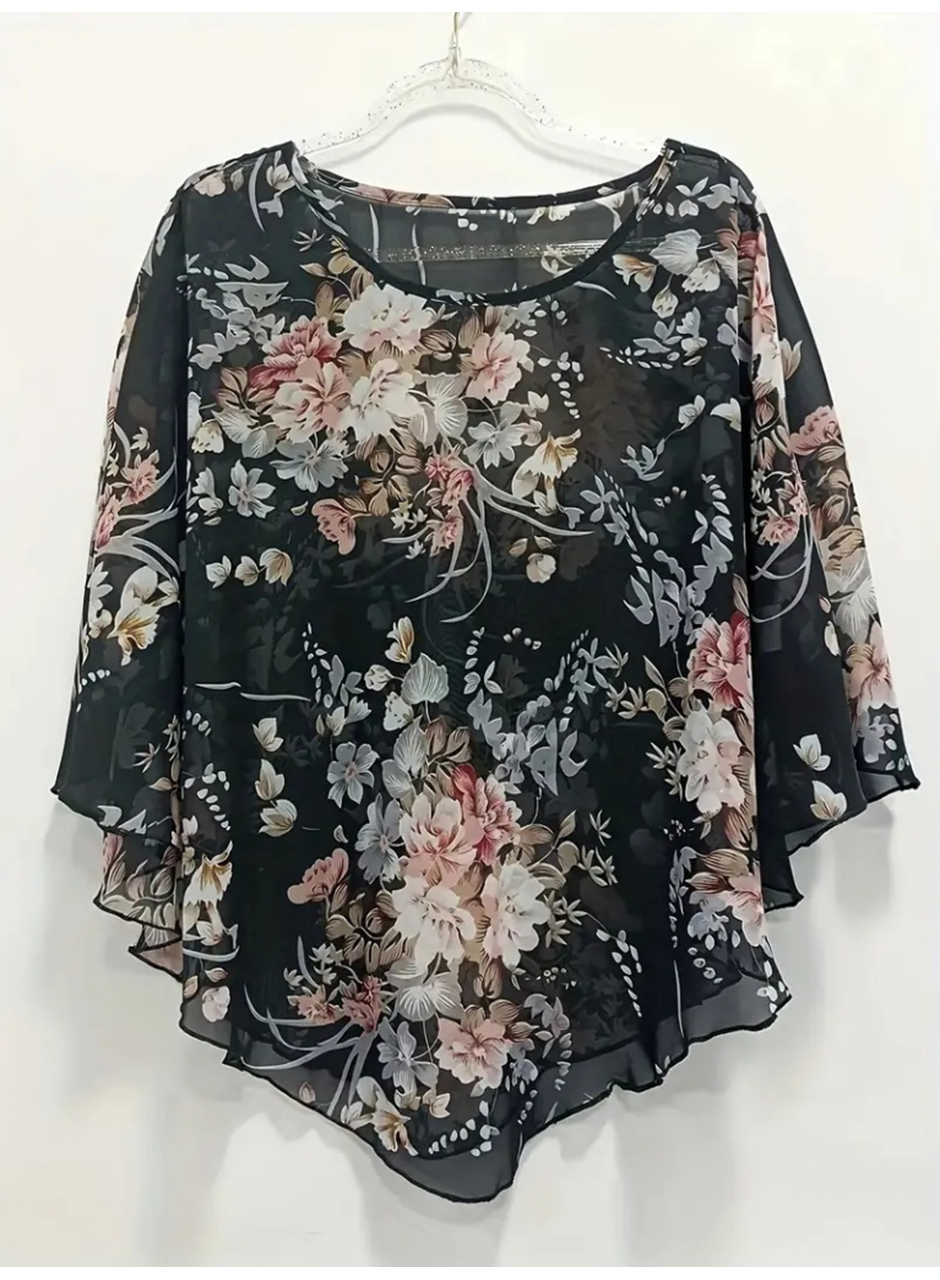 Kadın Kısa Kollu Yuvarlak Yaka çiçek Baskılı Asimetrik Kesim şifon Bluz