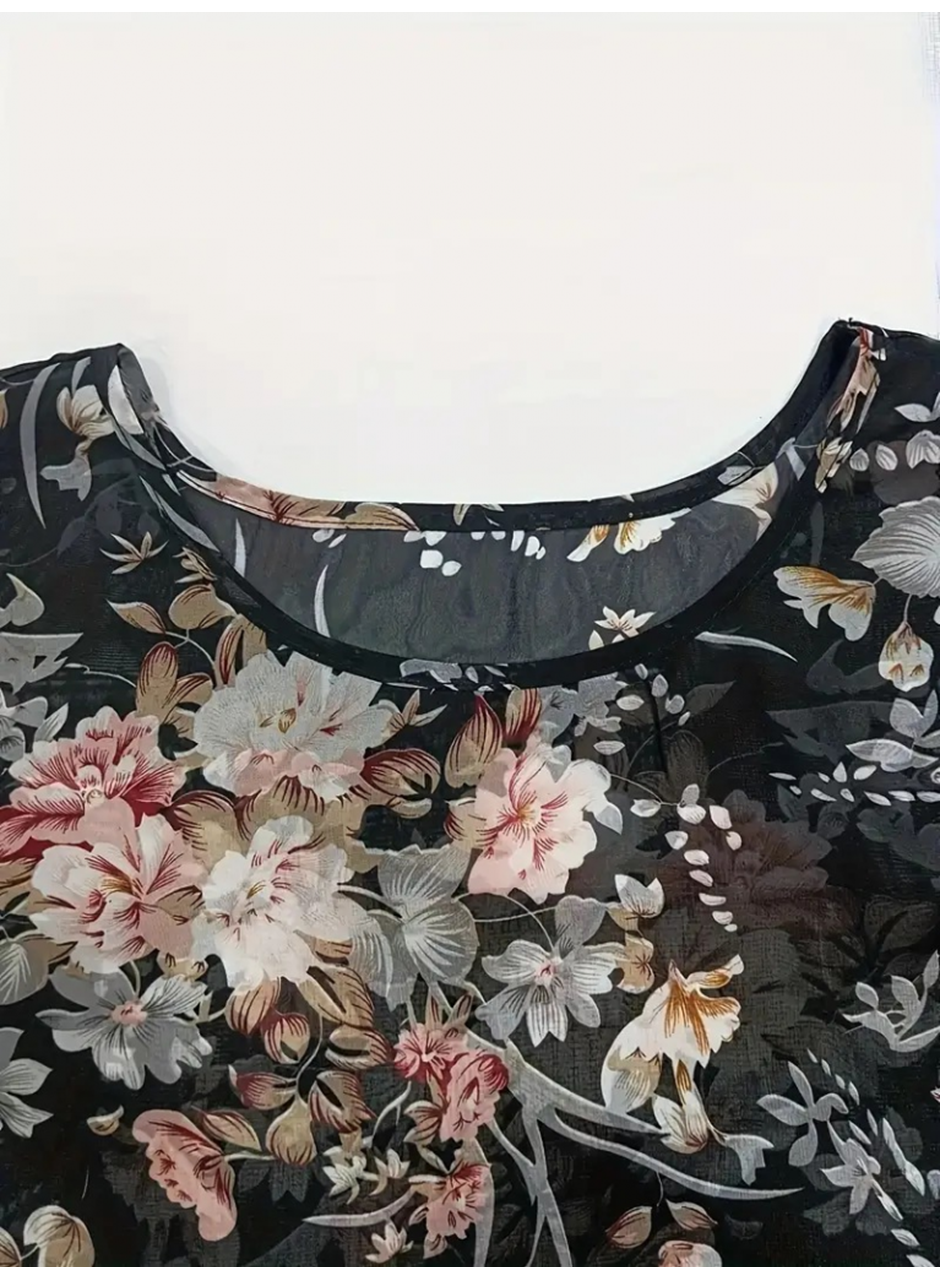 Kadın Kısa Kollu Yuvarlak Yaka çiçek Baskılı Asimetrik Kesim şifon Bluz