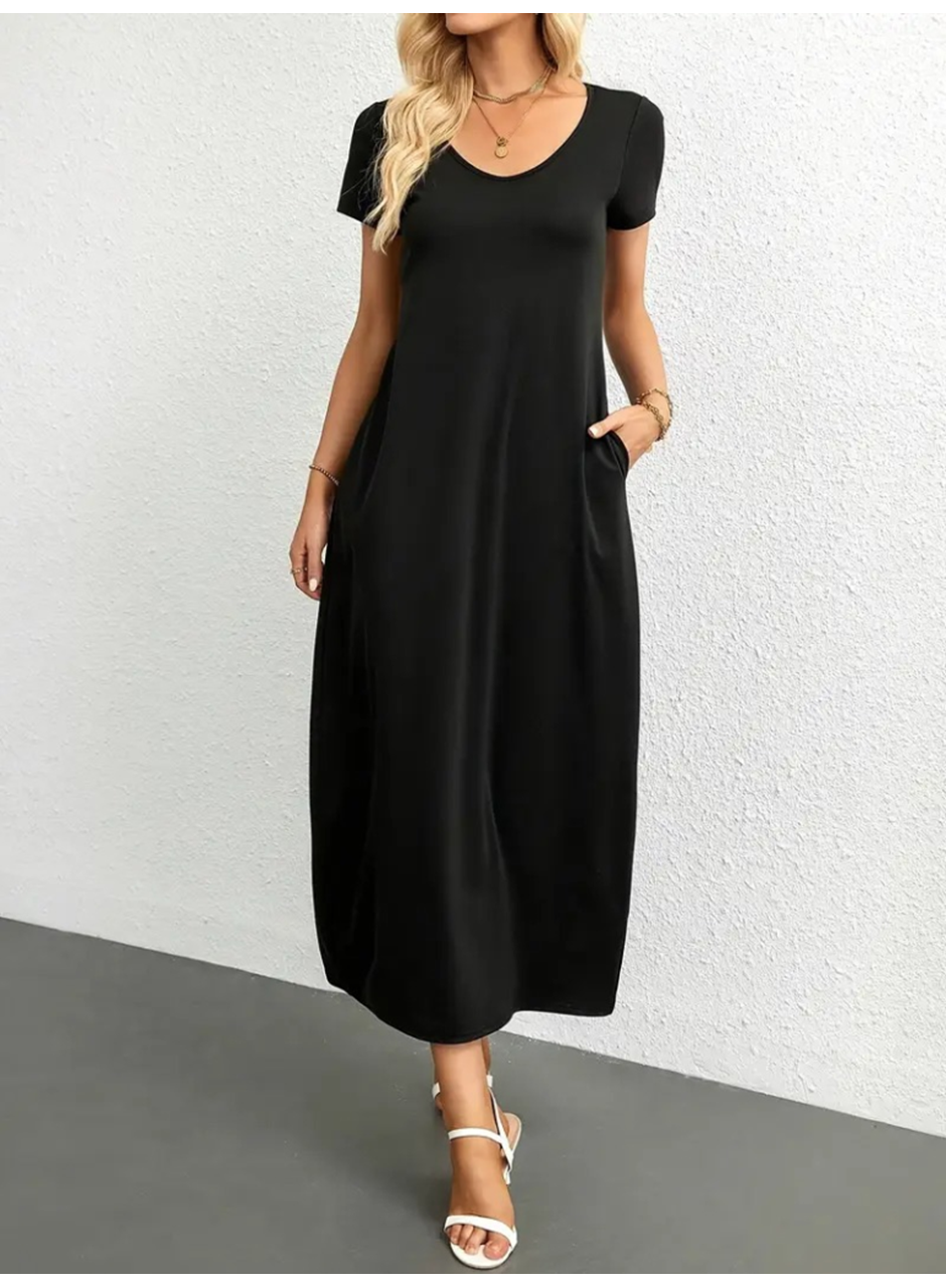 Kadın Kısa Kollu Yakası Yuvarlak Cepli Viskon Elbise