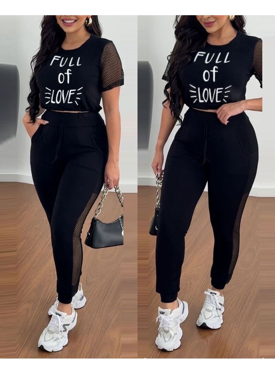 Kadın Kısa Kollu Bisiklet Yaka File Detaylı Viskon Iki Iplik Krop Ve Eşofman Altı Ikili Takım