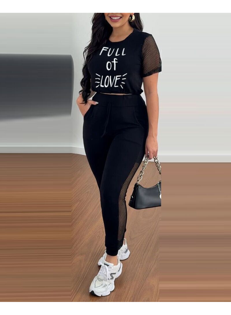 Kadın Kısa Kollu Bisiklet Yaka File Detaylı Viskon Iki Iplik Krop Ve Eşofman Altı Ikili Takım