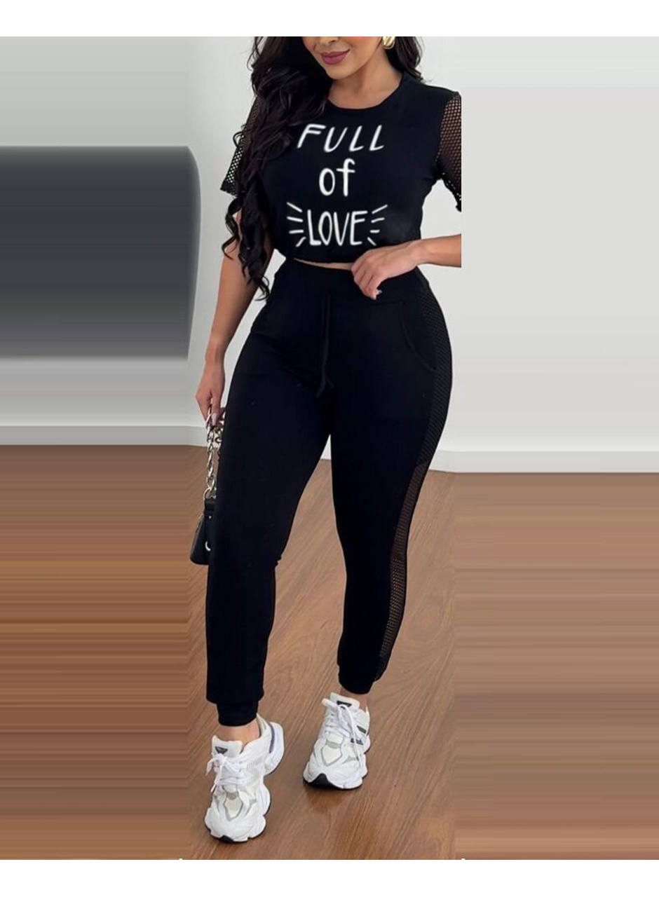 Kadın Kısa Kollu Bisiklet Yaka File Detaylı Viskon Iki Iplik Krop Ve Eşofman Altı Ikili Takım