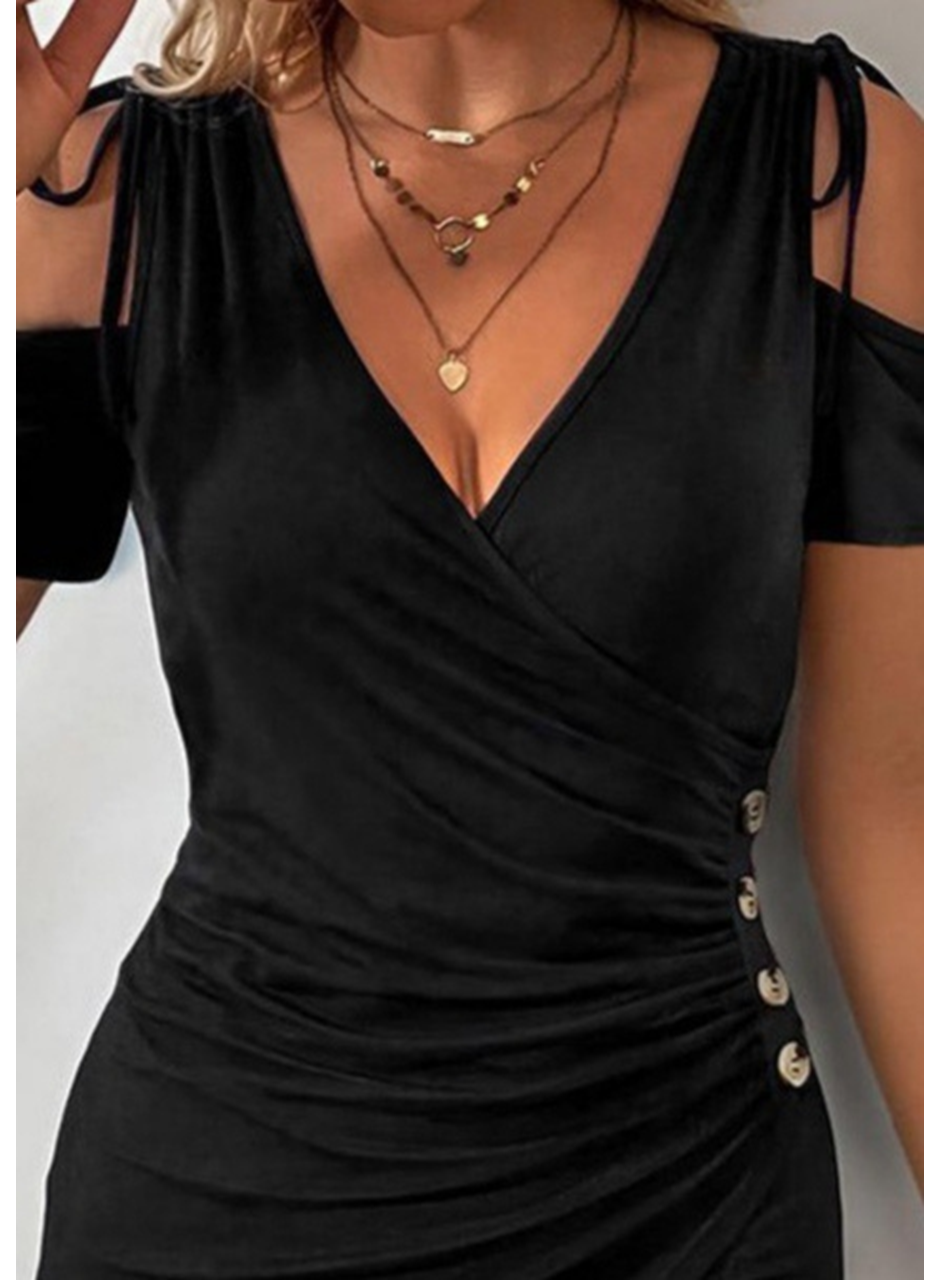 Kadın Omuzlardan Açık V Yakalı Kısa Kollu Yanlardan Büzgülü Düğme Detaylı Janjan Krep Elbise