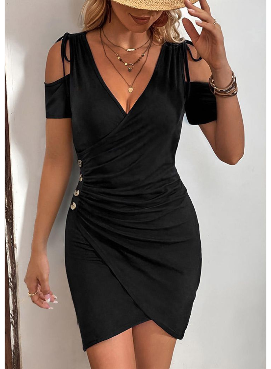 Kadın Omuzlardan Açık V Yakalı Kısa Kollu Yanlardan Büzgülü Düğme Detaylı Janjan Krep Elbise