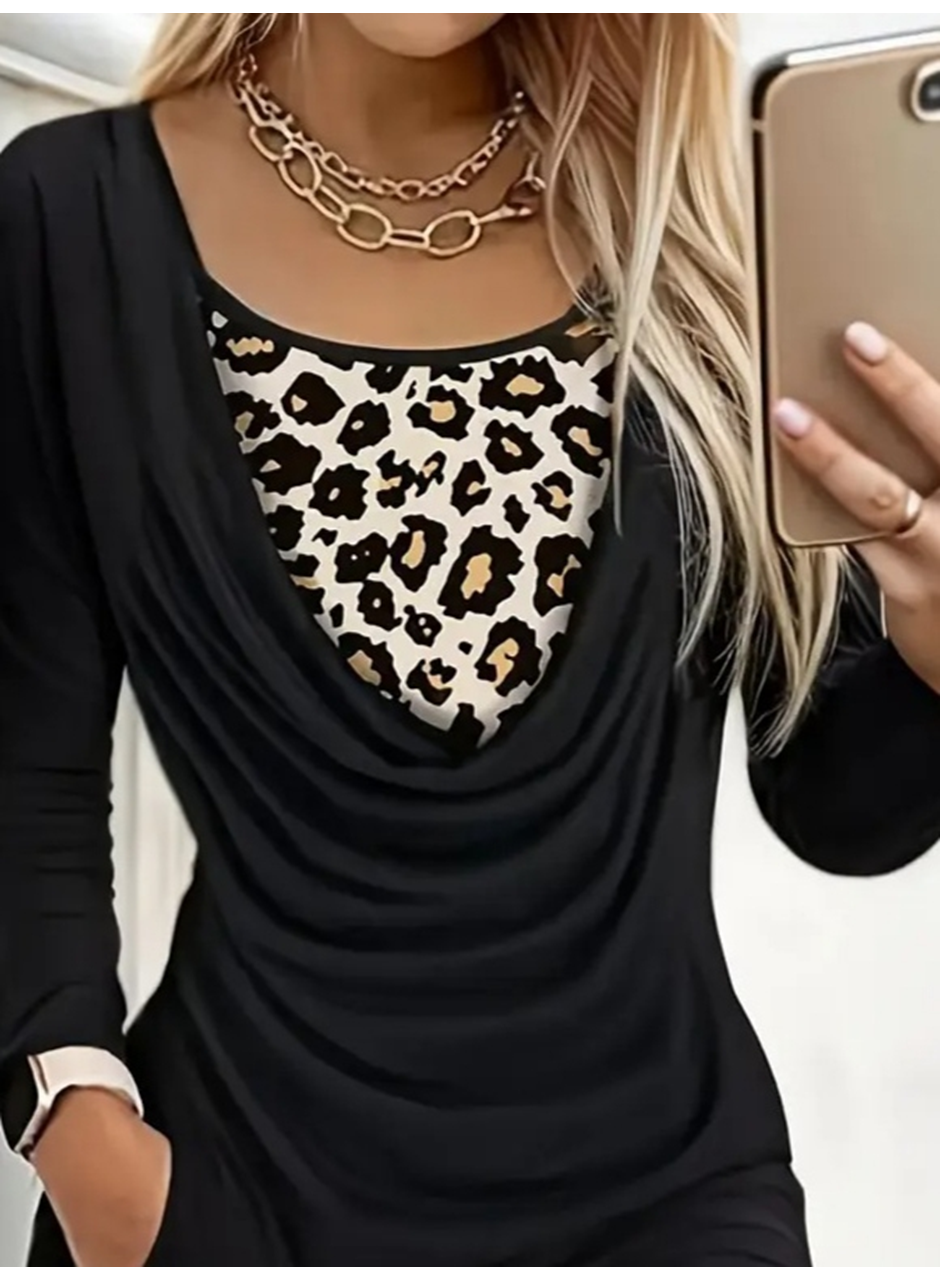 Kadın Uzun Kollu Degaje Yaka Leopar Detaylı Cepli Kısa Sandy Elbise