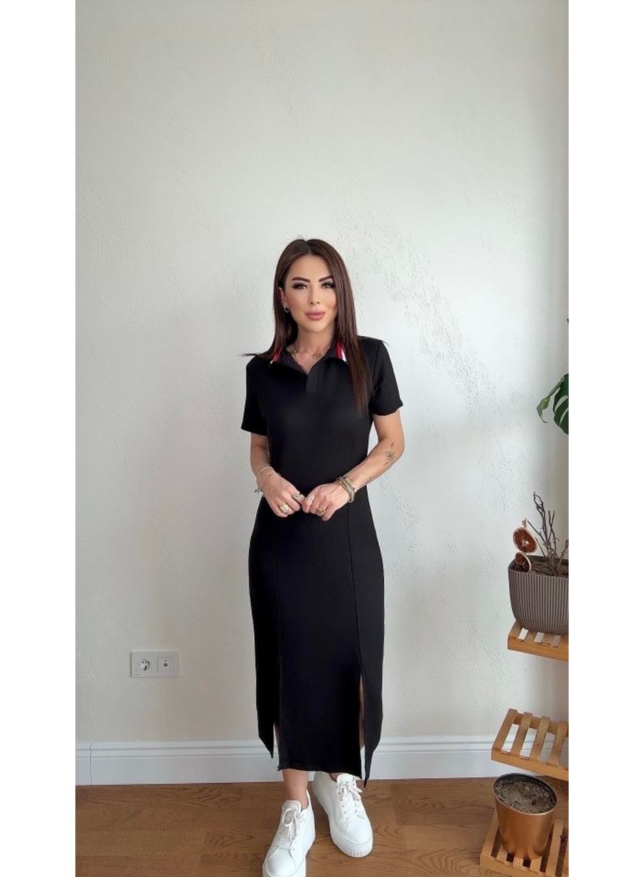 Kadın Yaka Ribanalı Çift Yırtmaçlı Elbise