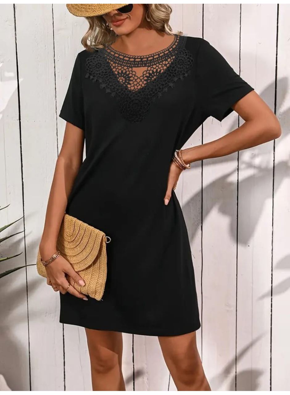 Kadın Kısa Kollu Dantel Yakalı Kısa Viskon Elbise