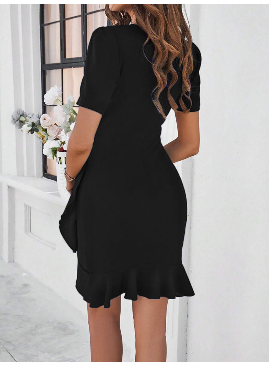 Kadın Kısa Kollu Bisiklet Yaka önden Fırfırlı Büzgülü Janjan Krep Kısa Elbise