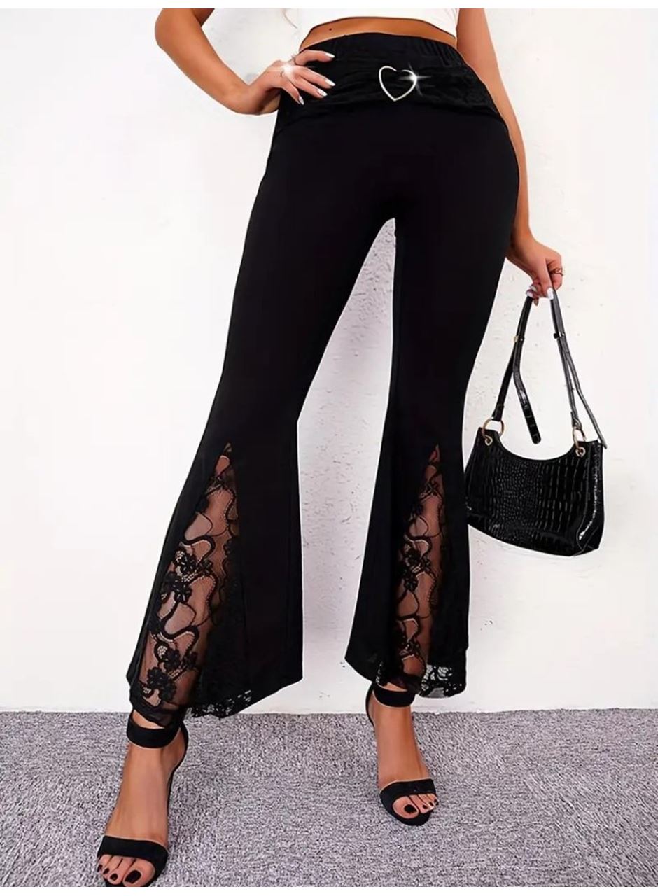Kadın Yüksek Bel Kalpli Kemer Dantel Detaylı Dalgıç Pantolon