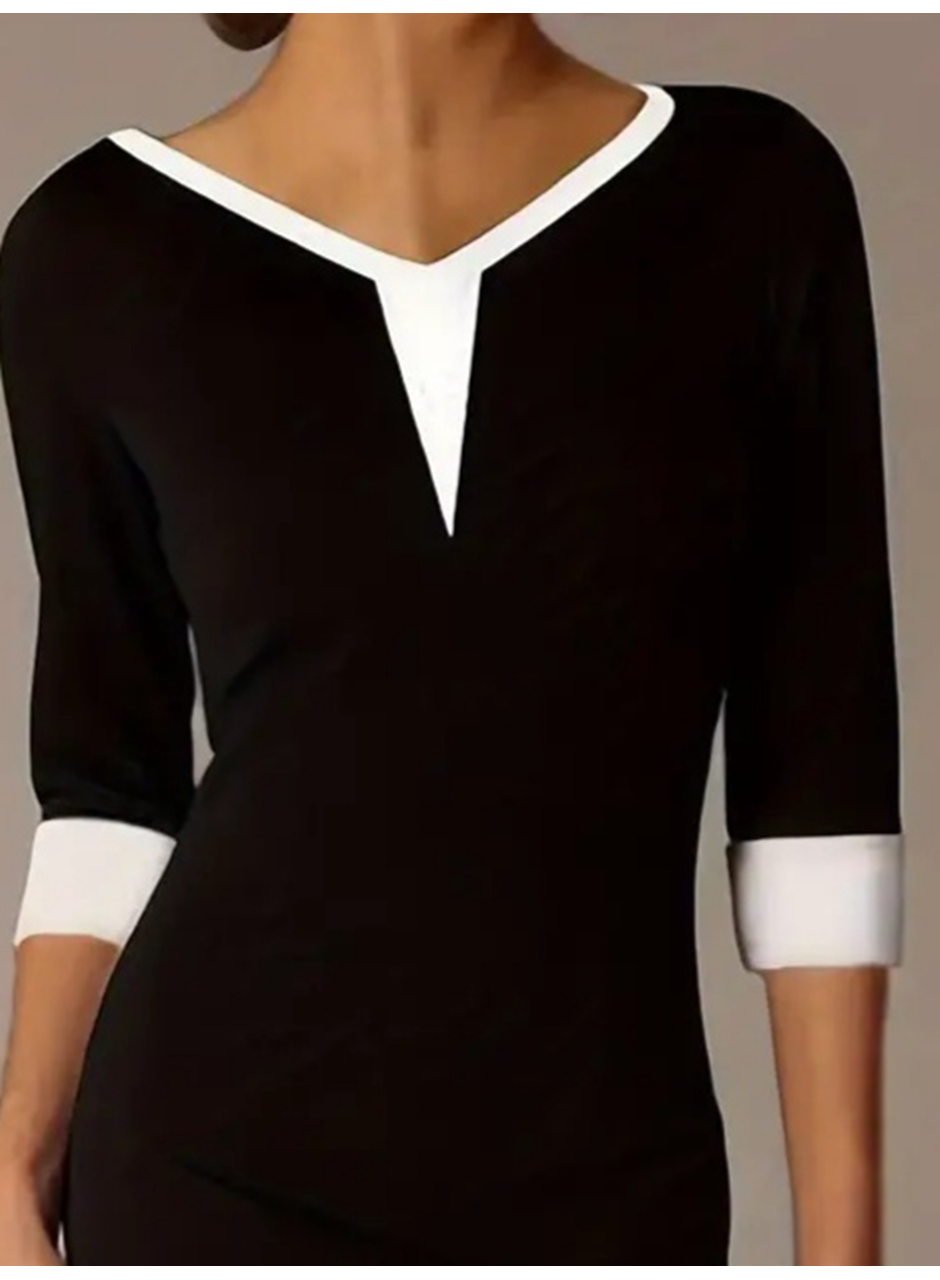 Kadın Truvakarkol V Yakalı Blok Renkli Kısa Janjan Krep Elbise