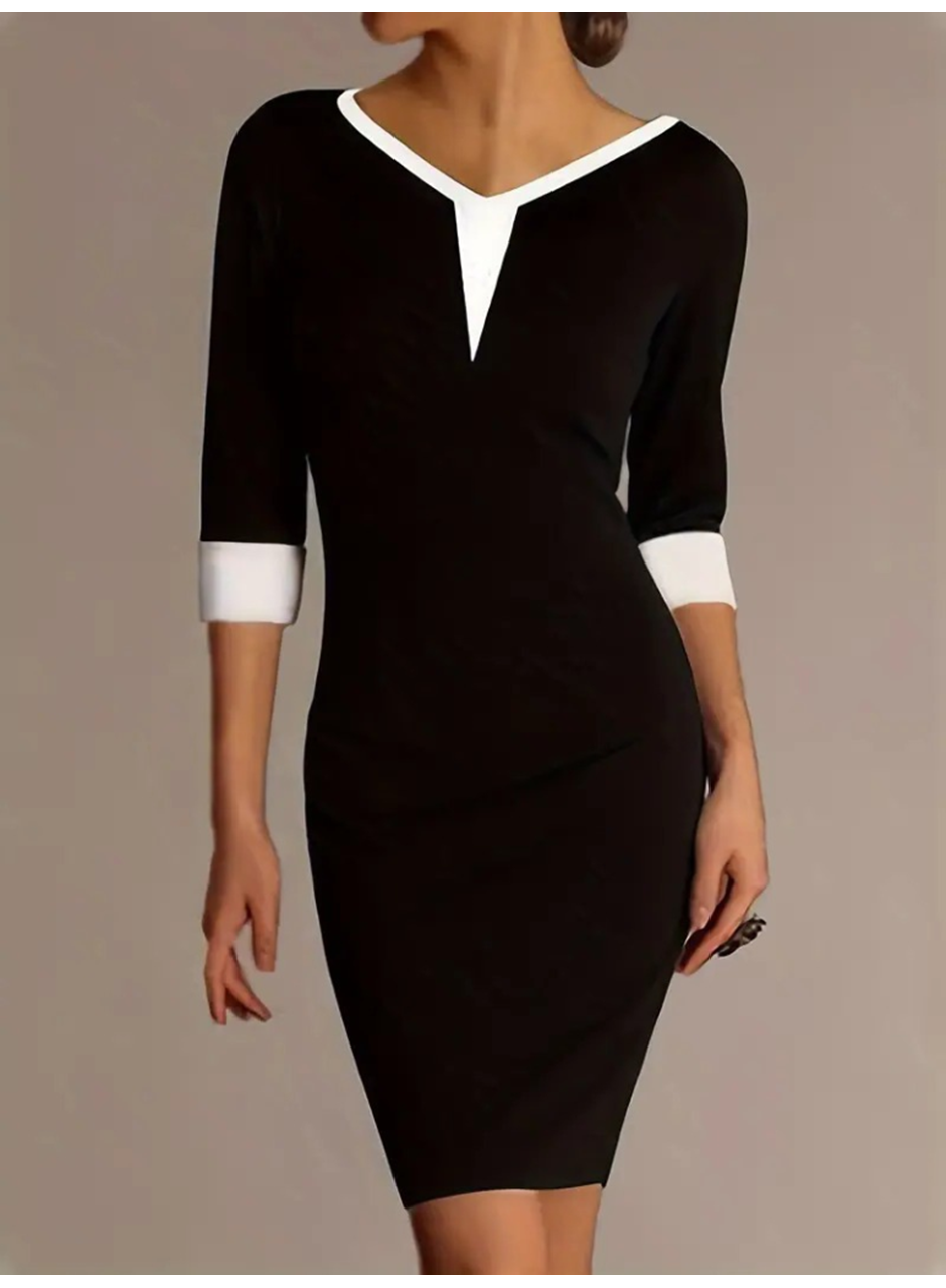 Kadın Truvakarkol V Yakalı Blok Renkli Kısa Janjan Krep Elbise