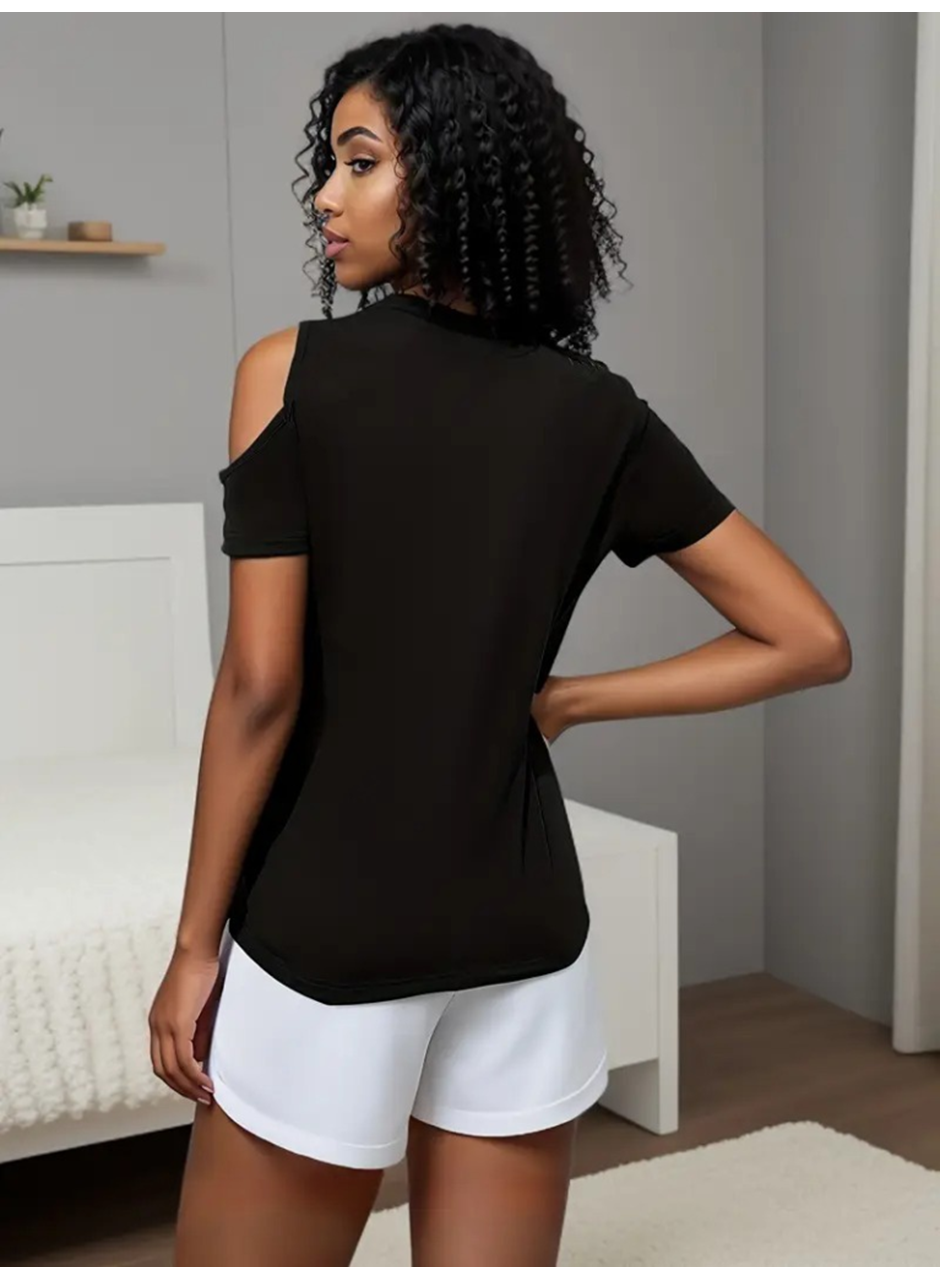 Kadın Kısa Kollu Tek Omuzu Açık Damla Detaylı Viskon Bluz