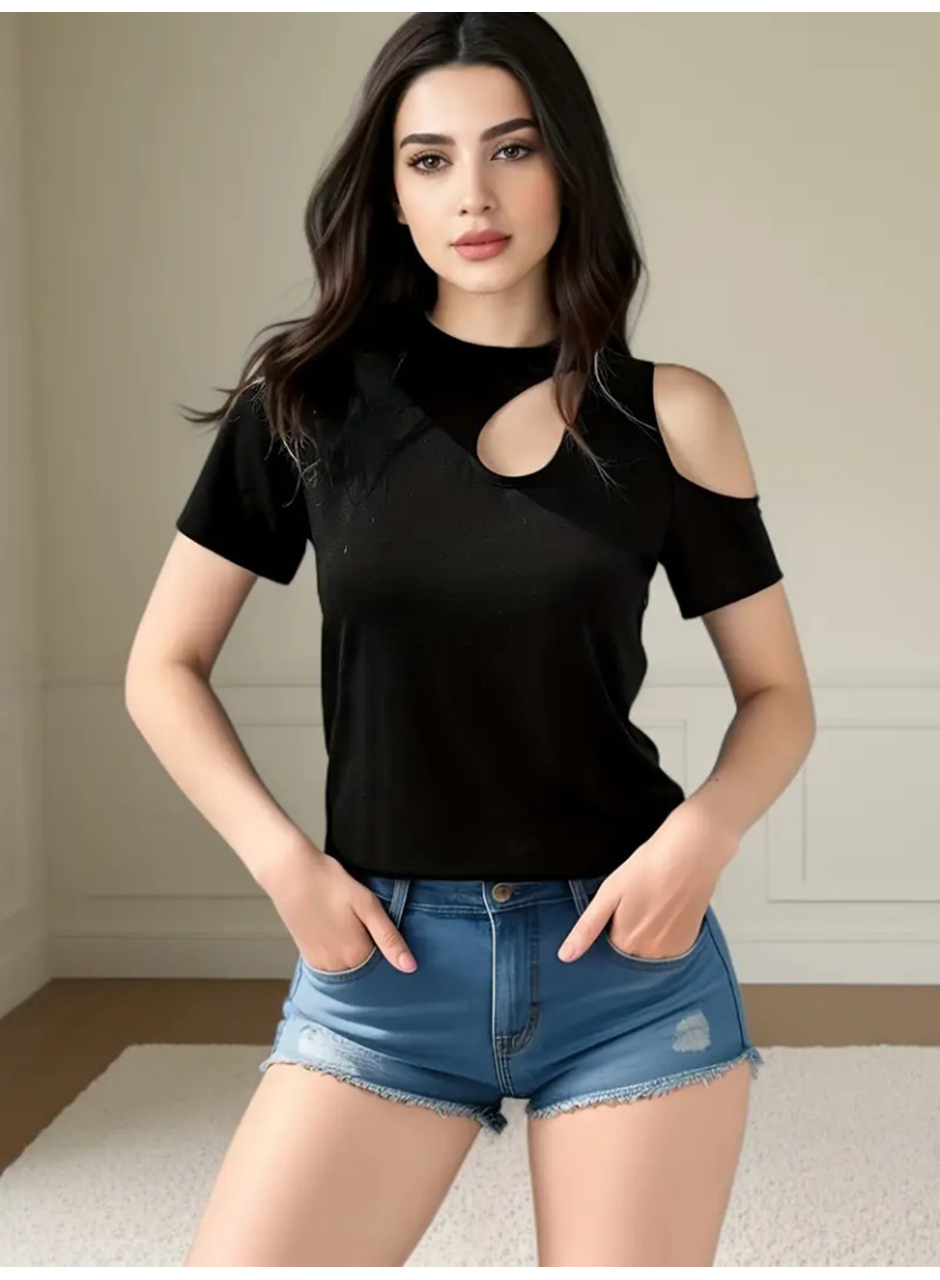 Kadın Kısa Kollu Tek Omuzu Açık Damla Detaylı Viskon Bluz