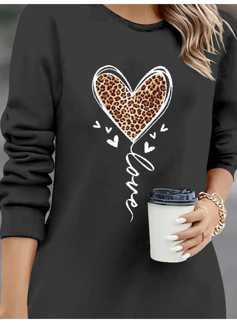 Kadın Uzun Kollu Bisiklet Yaka Kalp Desenli Kısa Viskon Elbise