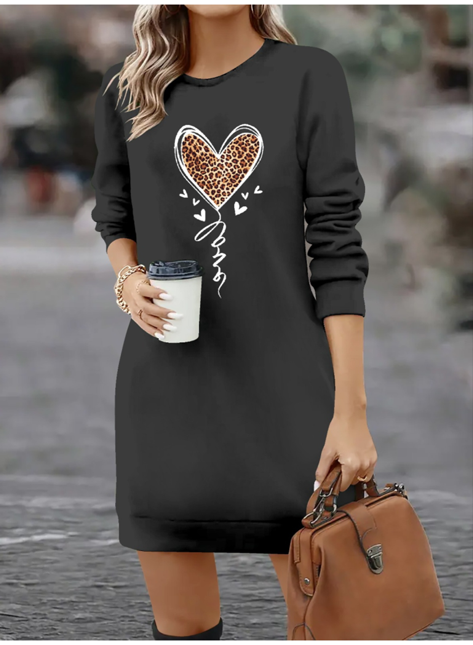 Kadın Uzun Kollu Bisiklet Yaka Kalp Desenli Kısa Viskon Elbise