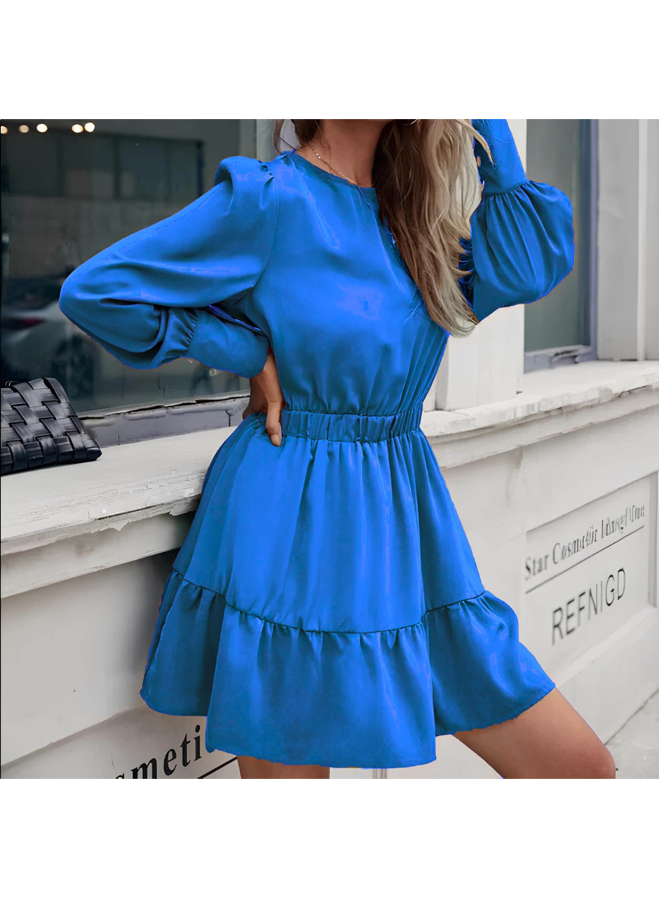 Kadın Uzun Kollu Bisiklet Yaka Beli Lastikli Fırfırlı Ithal Krep Elbise