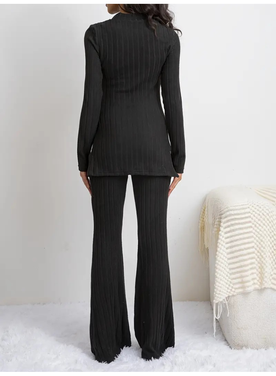 Kadın Uzun Kollu Yuvarlak Yaka Yandan Yırtmaç Detaylı şardonlu Kaşkorse Bluz Ve Pantolon Ikili Takım