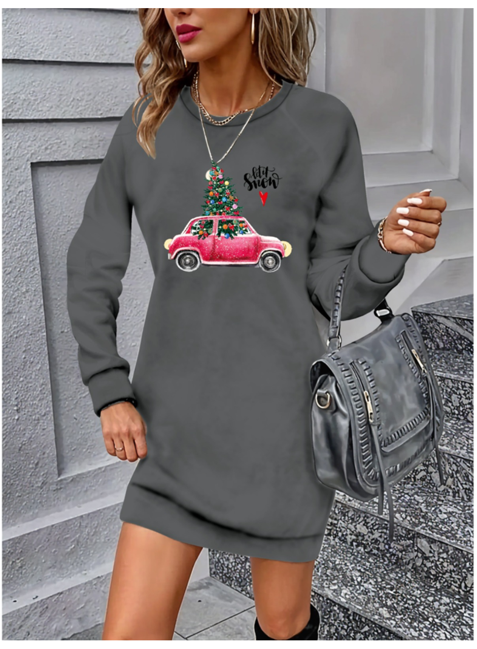 Kadın Uzun Kollu Bisiklet Yaka Desenli Viskon Iki Iplik Elbise