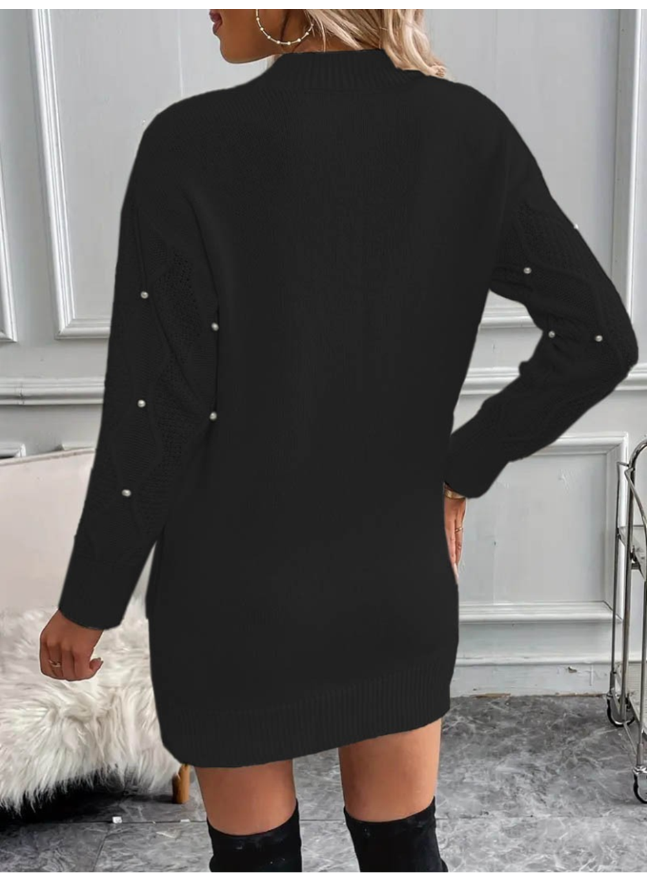 Kadın Uzun Kollu Bisiklet Yaka Desenli Triko Elbise