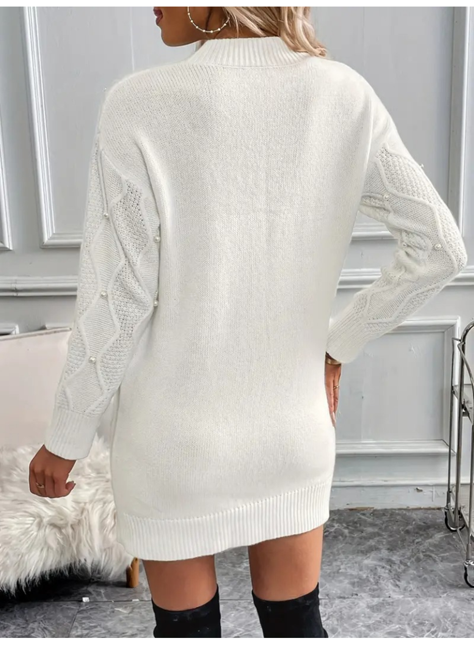 Kadın Uzun Kollu Bisiklet Yaka Desenli Triko Elbise