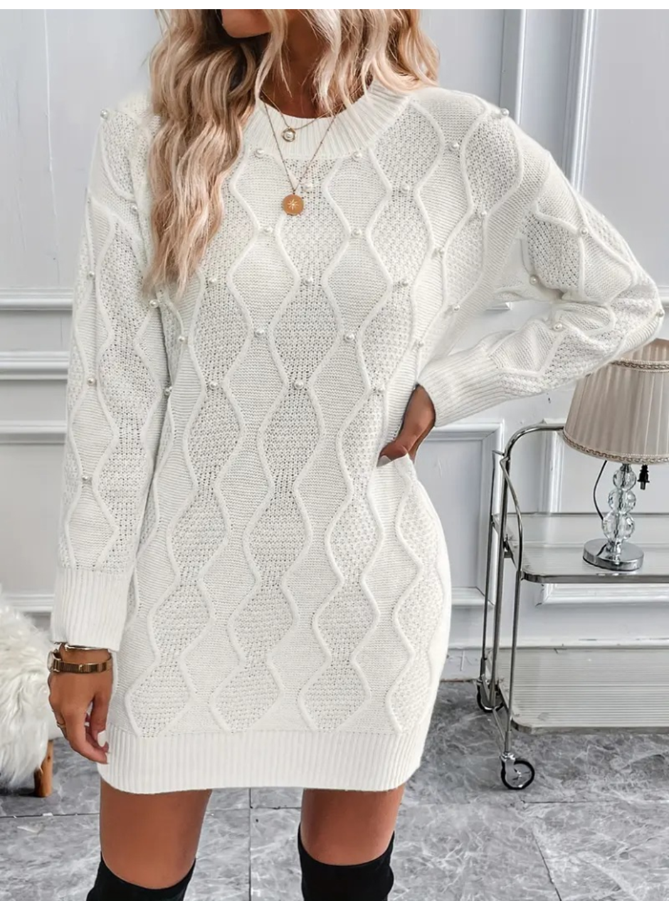 Kadın Uzun Kollu Bisiklet Yaka Desenli Triko Elbise