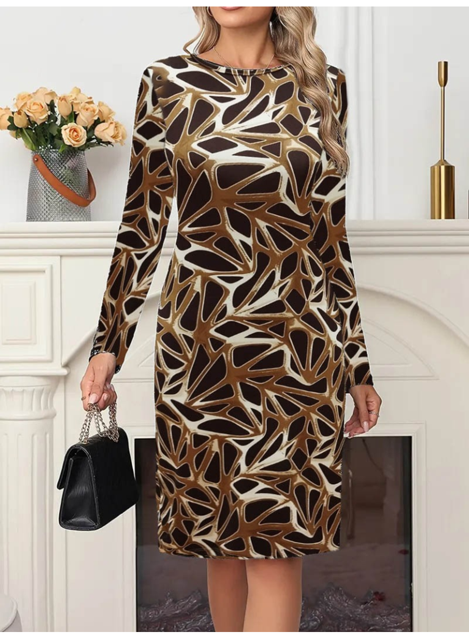 Kadın Uzun Kollu Bisiklet Yaka Desenli Dalgıç Kısa Elbise