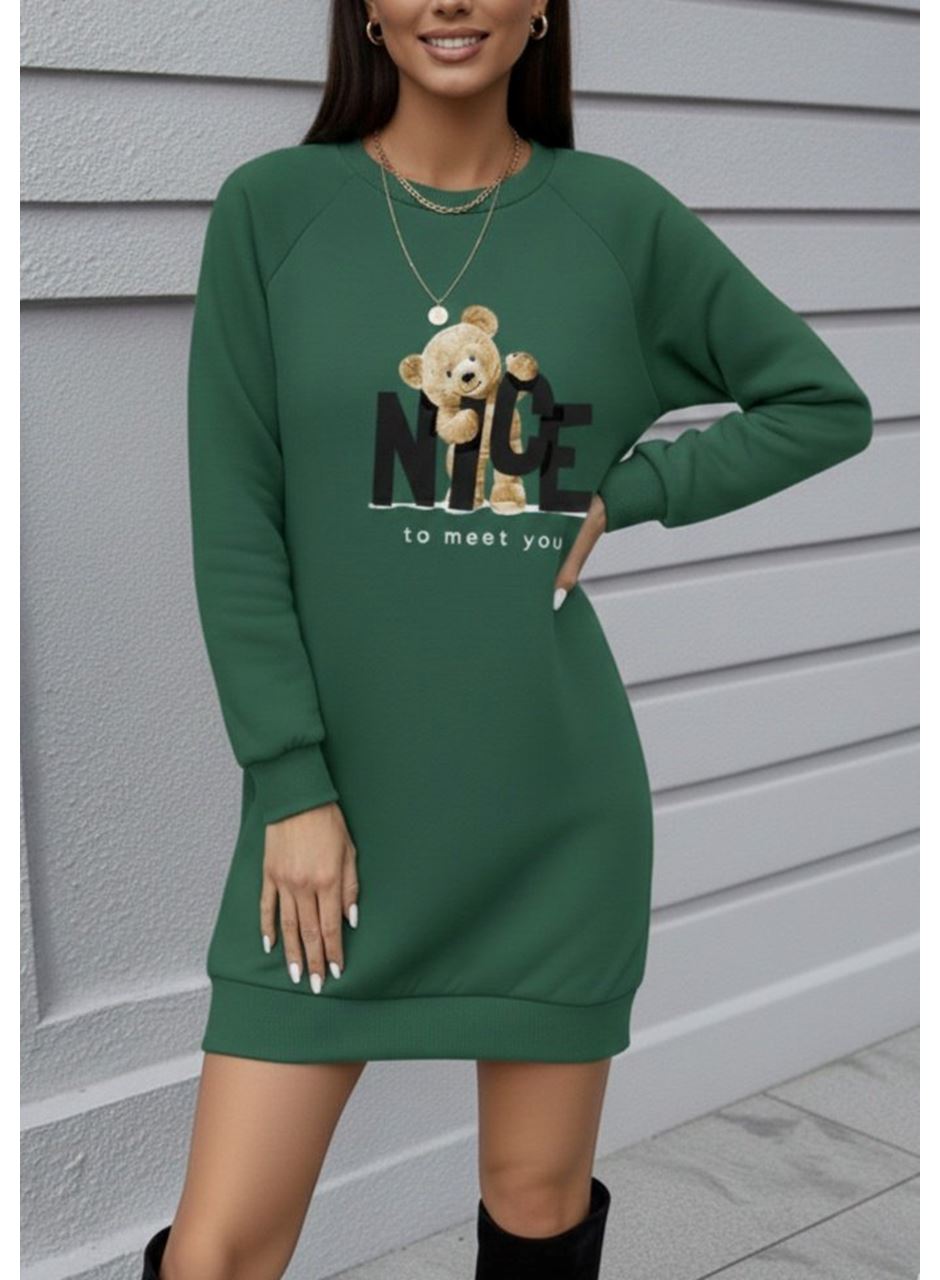 Kadın Uzun Kollu Bisiklet Yaka Ayı Desenli Viskon Iki Iplik Elbise