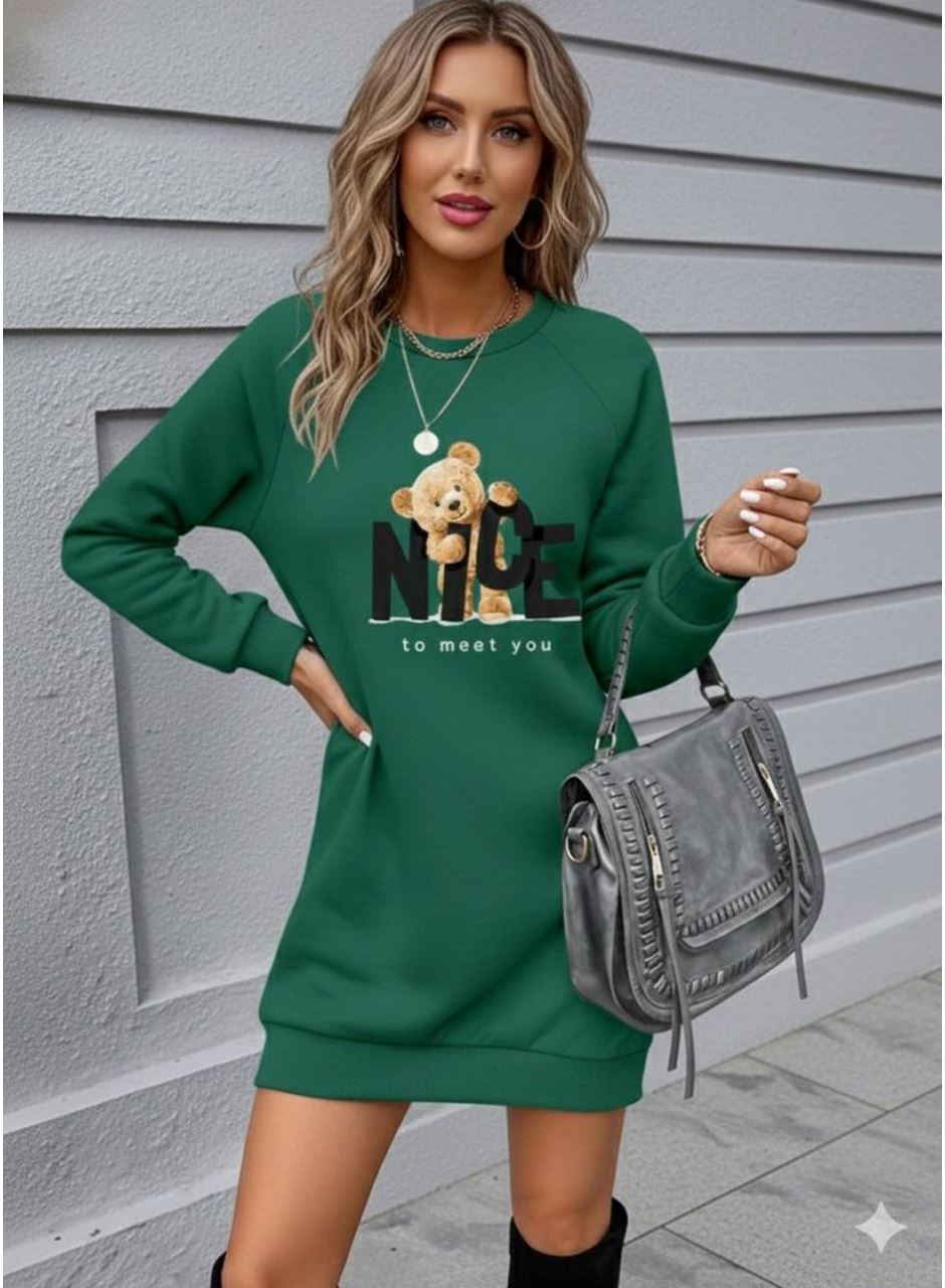 Kadın Uzun Kollu Bisiklet Yaka Ayı Desenli Viskon Iki Iplik Elbise