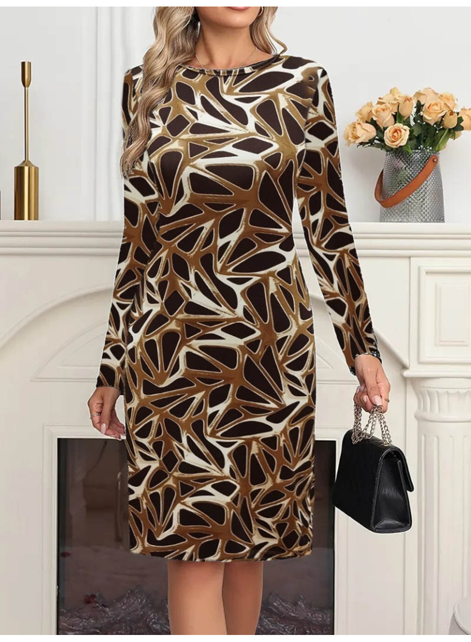 Kadın Uzun Kollu Bisiklet Yaka Desenli Dalgıç Kısa Elbise