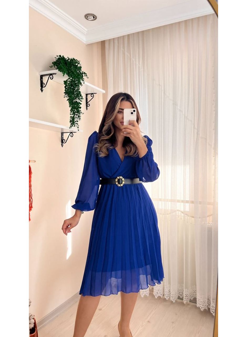 Kadın şifon Kumaş Astalı Kloş Kesim Kruvaze Yaka Midi Boy Elbise