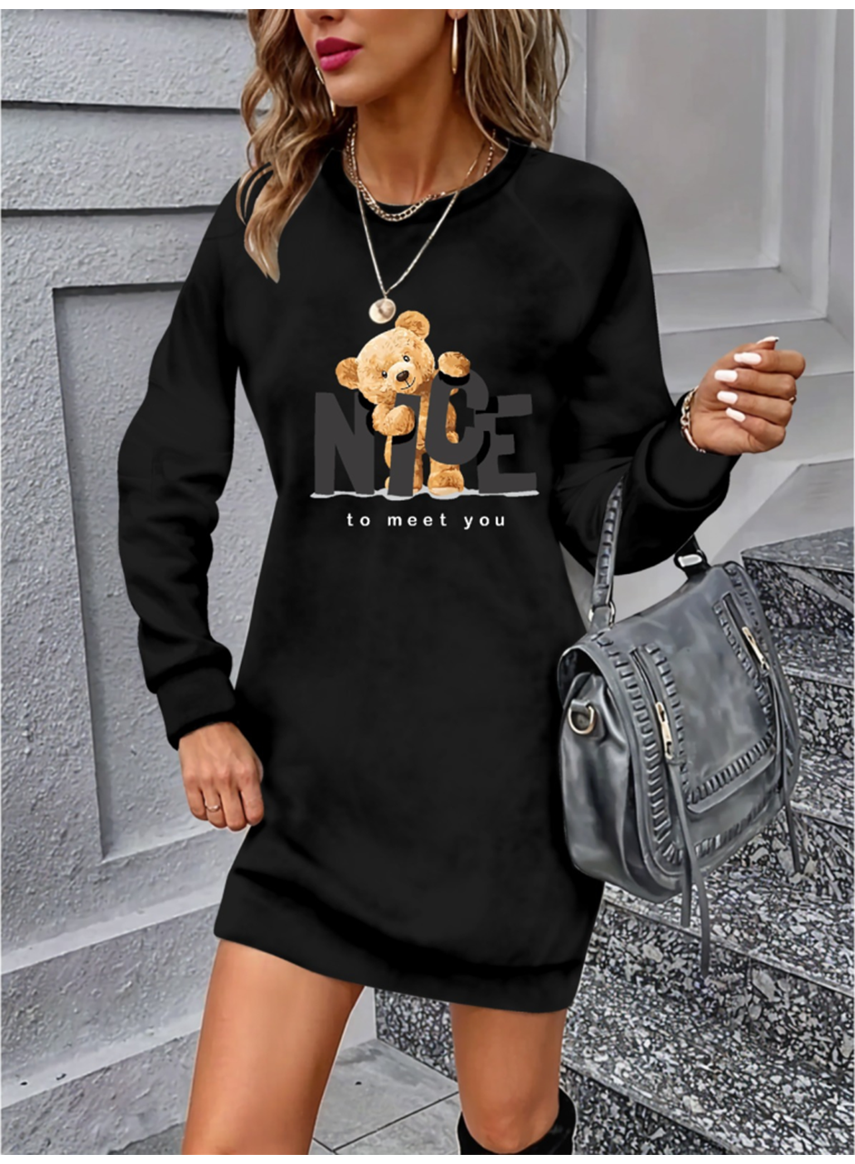 Kadın Uzun Kollu Bisiklet Yaka Ayı Desenli Viskon Iki Iplik Elbise